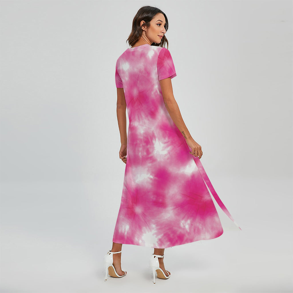 Pink Shibori Tie Dye Print Short Sleeve Maxi Dress