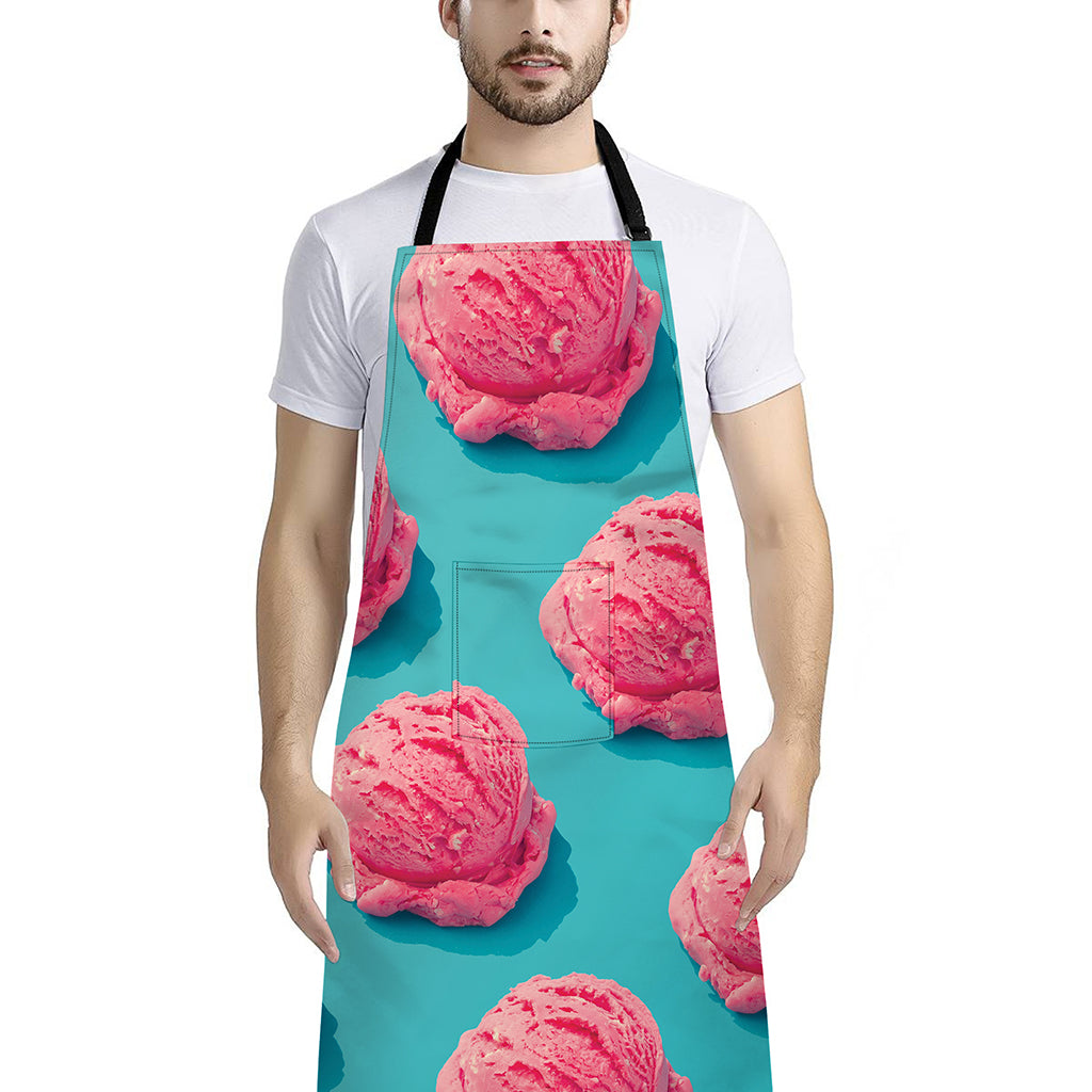 Pink Strawberry Ice Cream Print Bib Apron With Pocket