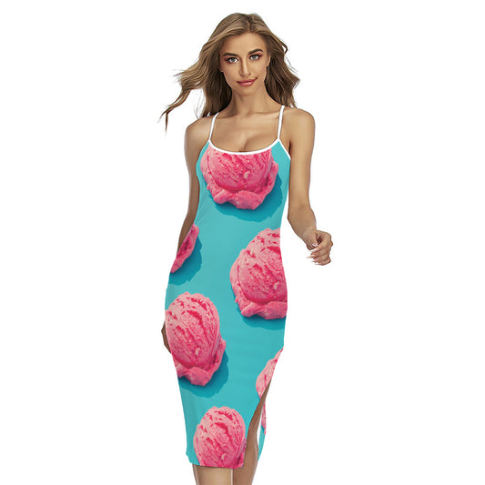 Pink Strawberry Ice Cream Print Cross Back Cami Dress