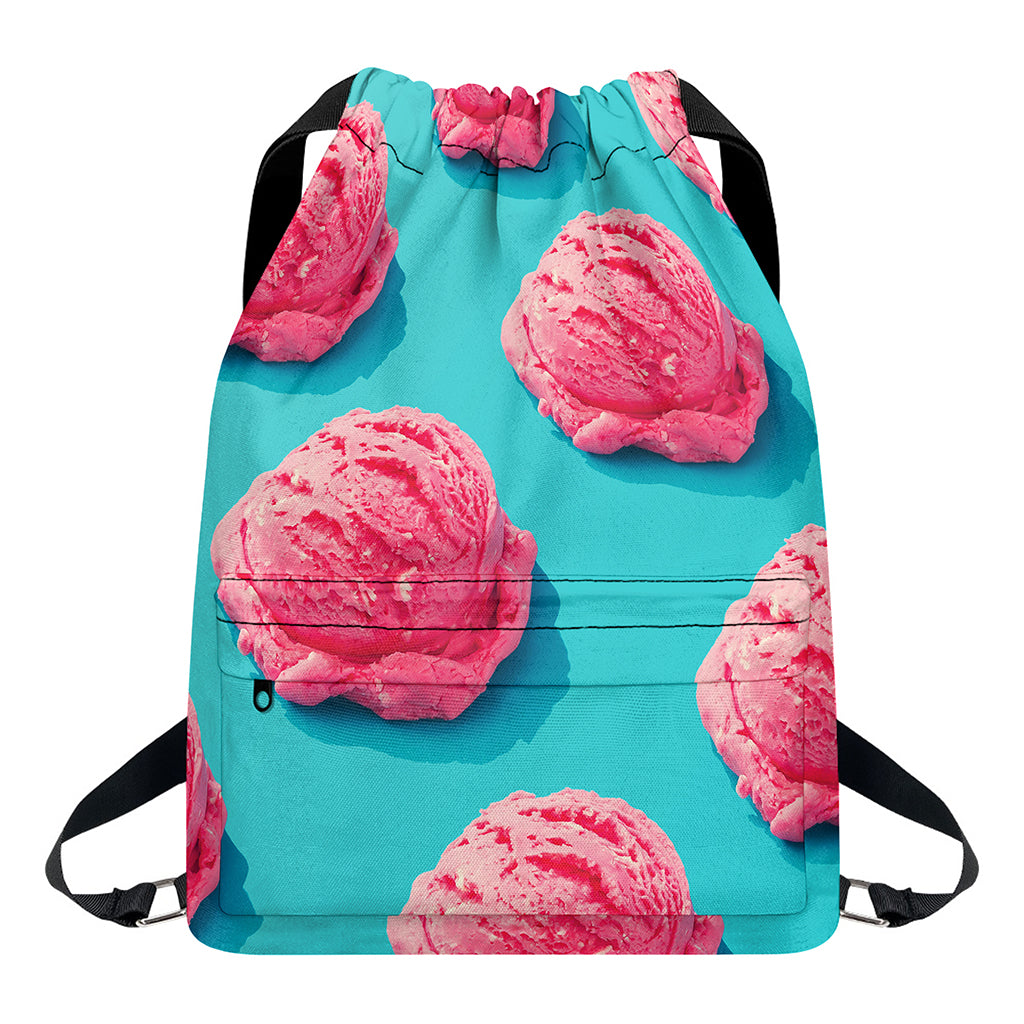 Pink Strawberry Ice Cream Print Drawstring Backpack