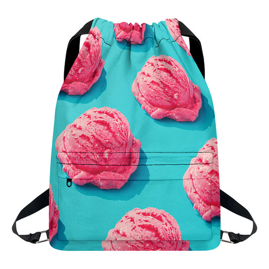 Pink Strawberry Ice Cream Print Drawstring Backpack