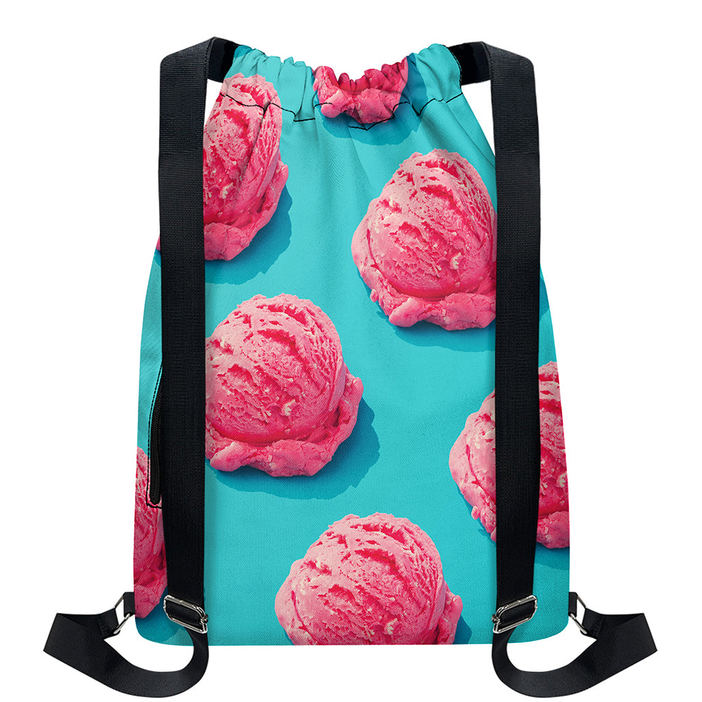 Pink Strawberry Ice Cream Print Drawstring Backpack