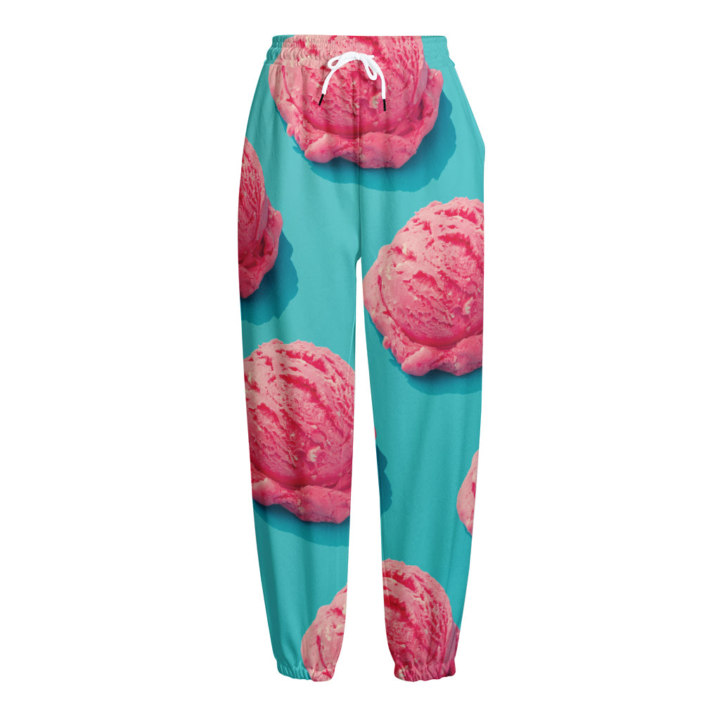 Pink Strawberry Ice Cream Print Fleece Lined Knit Pants