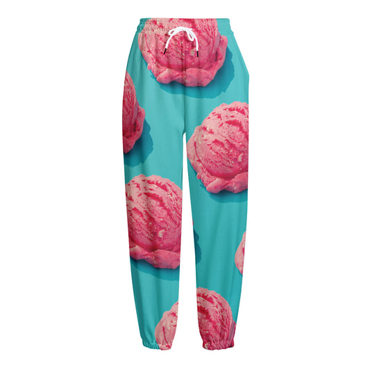 Pink Strawberry Ice Cream Print Fleece Lined Knit Pants
