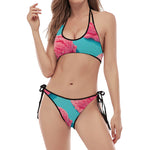 Pink Strawberry Ice Cream Print Halter Scoop Tie Side Bikini