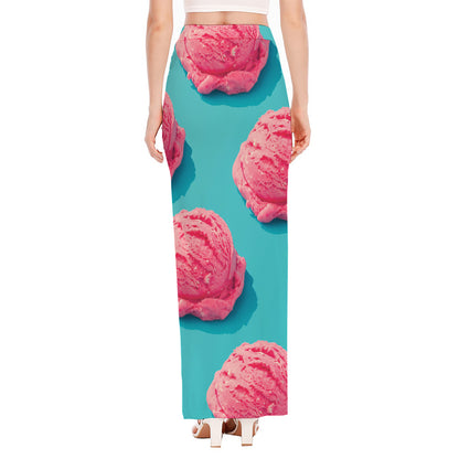 Pink Strawberry Ice Cream Print High Slit Maxi Skirt