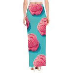 Pink Strawberry Ice Cream Print High Slit Maxi Skirt