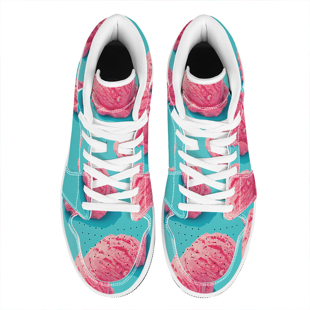 Pink Strawberry Ice Cream Print High Top Leather Sneakers