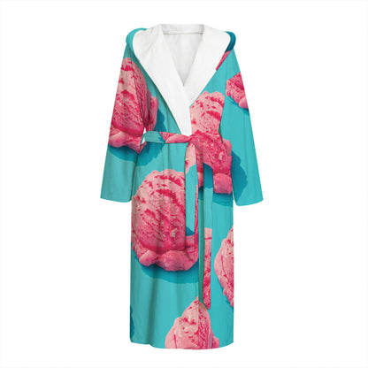 Pink Strawberry Ice Cream Print Hooded Bathrobe