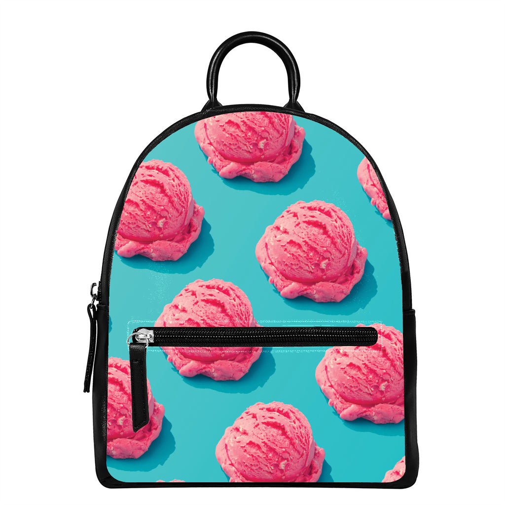 Pink Strawberry Ice Cream Print Leather Backpack