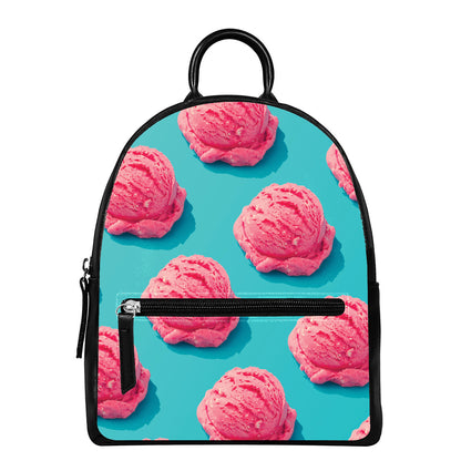 Pink Strawberry Ice Cream Print Leather Backpack