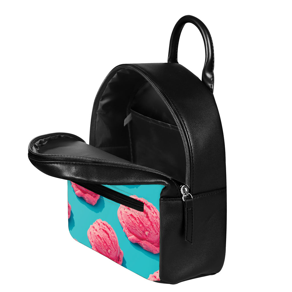 Pink Strawberry Ice Cream Print Leather Backpack
