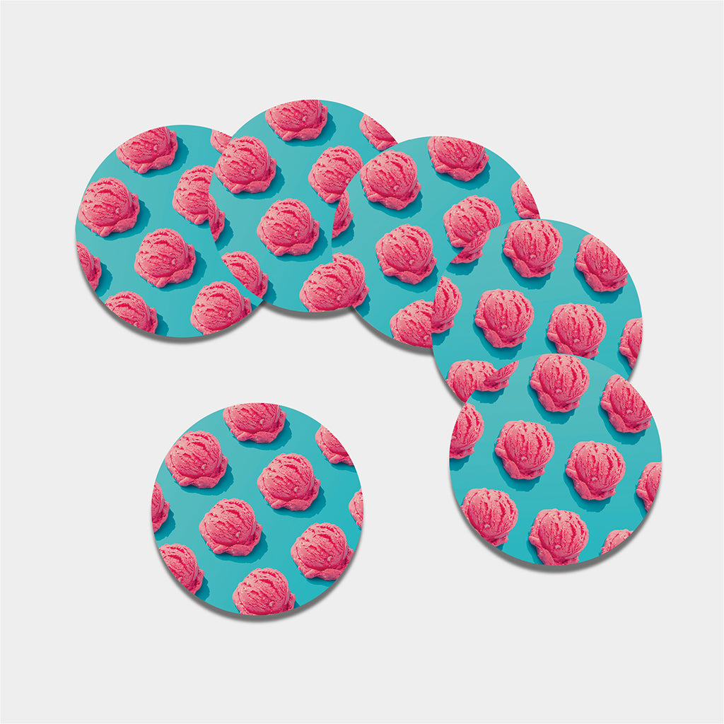 Pink Strawberry Ice Cream Print Leather Coaster Set