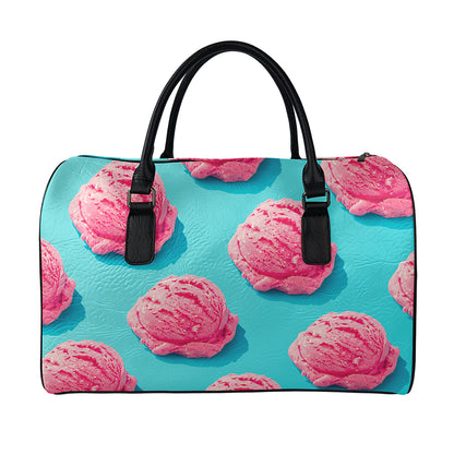 Pink Strawberry Ice Cream Print Leather Duffle Bag