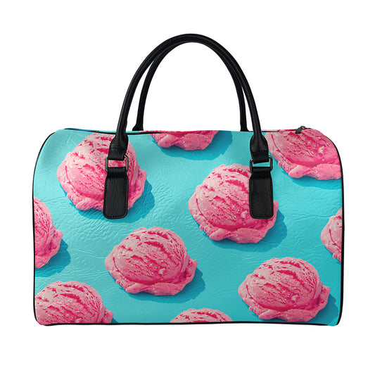 Pink Strawberry Ice Cream Print Leather Duffle Bag