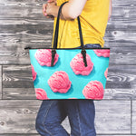 Pink Strawberry Ice Cream Print Leather Tote Bag