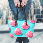 Pink Strawberry Ice Cream Print Leather Tote Bag