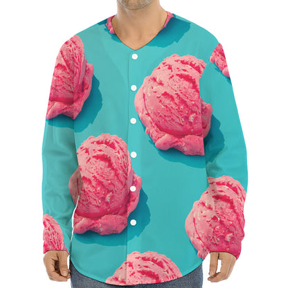 Pink Strawberry Ice Cream Print Long Sleeve Baseball Jersey