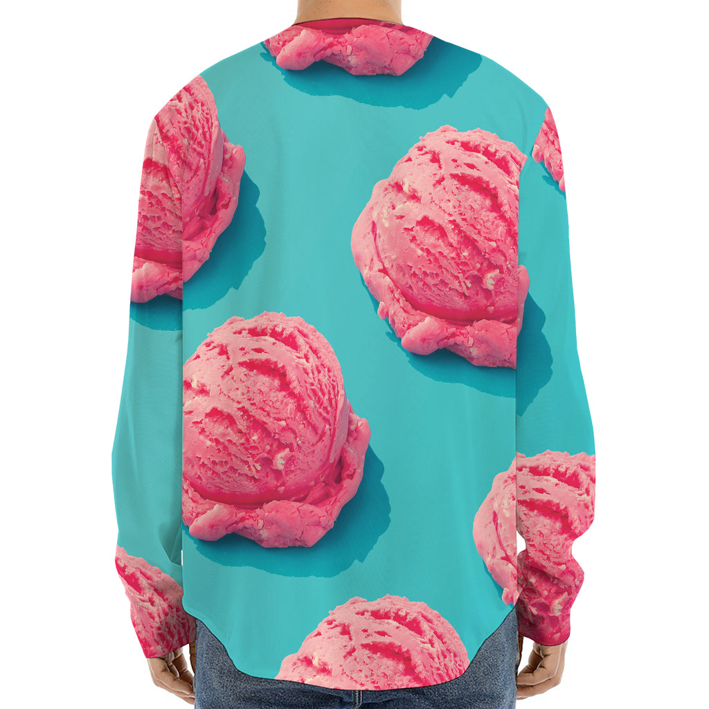 Pink Strawberry Ice Cream Print Long Sleeve Baseball Jersey