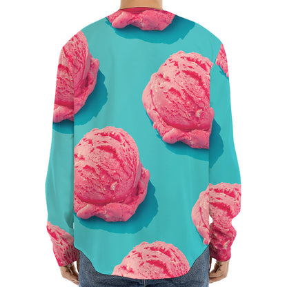 Pink Strawberry Ice Cream Print Long Sleeve Baseball Jersey