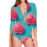 Pink Strawberry Ice Cream Print Long Sleeve Swimsuit
