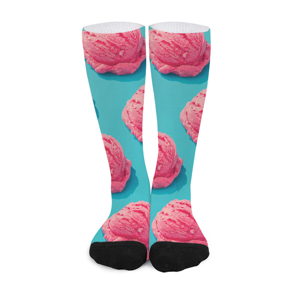 Pink Strawberry Ice Cream Print Long Socks