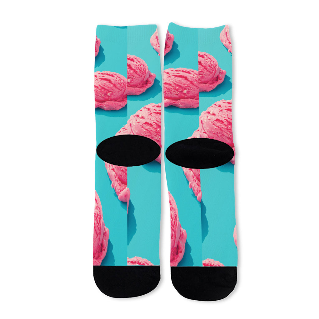 Pink Strawberry Ice Cream Print Long Socks