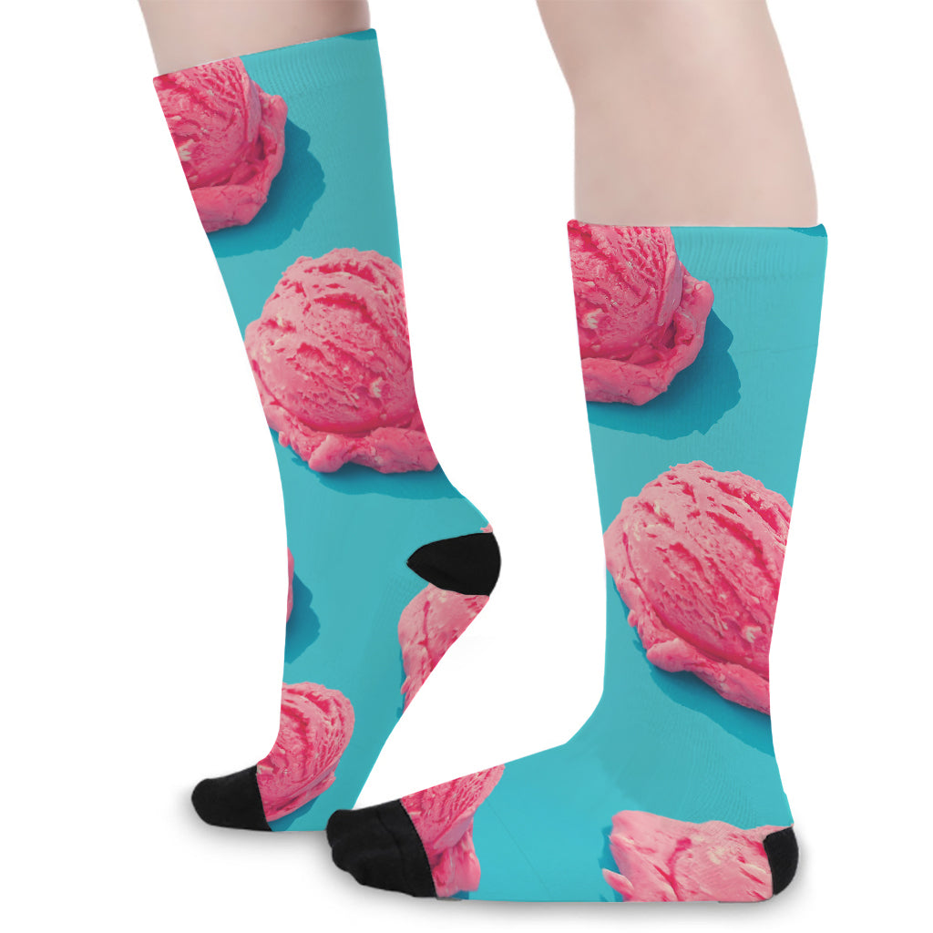 Pink Strawberry Ice Cream Print Long Socks