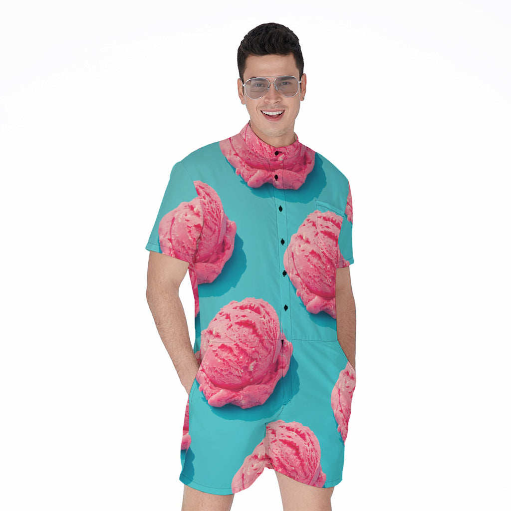 Pink Strawberry Ice Cream Print Men's Rompers