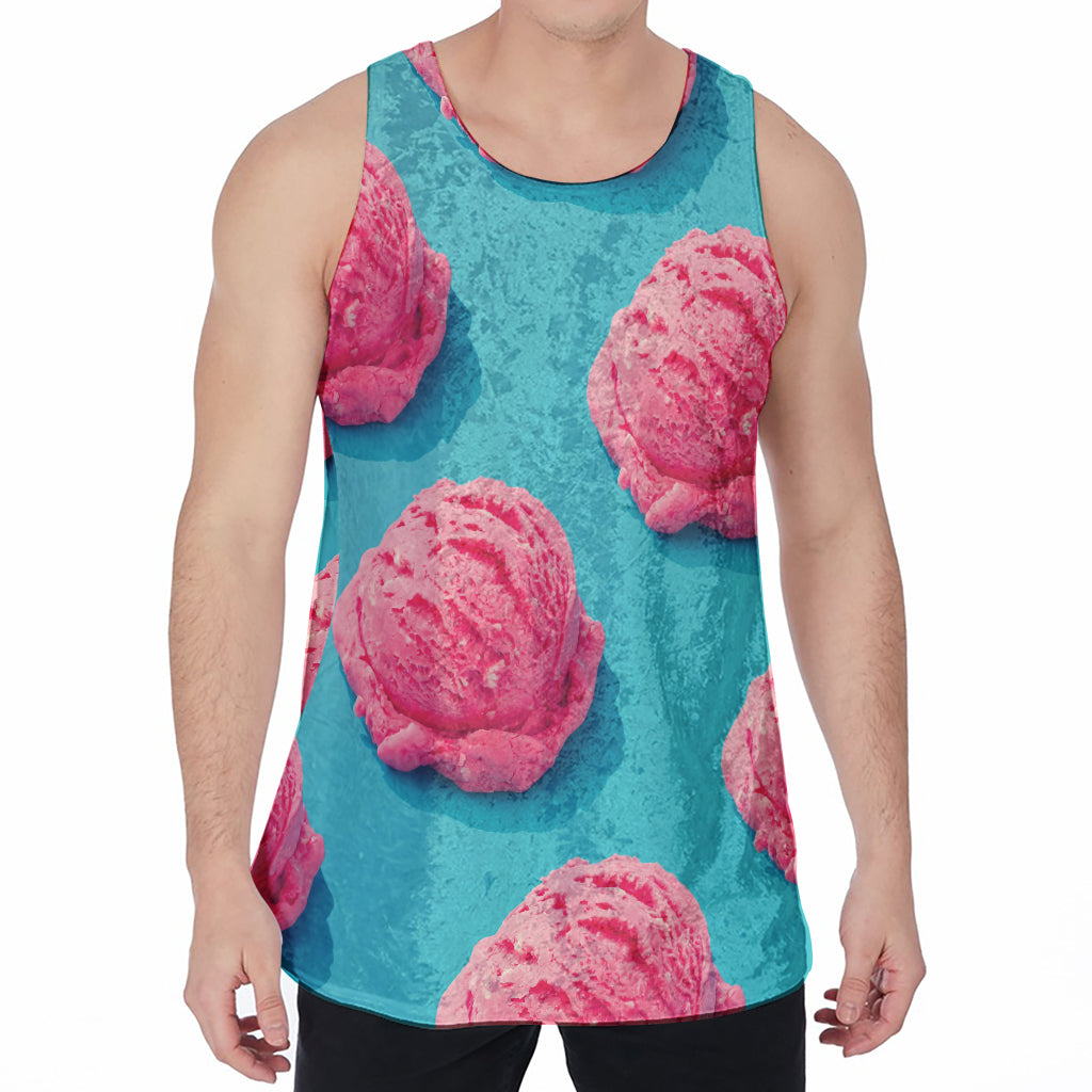 Pink Strawberry Ice Cream Print Men's Velvet Tank Top