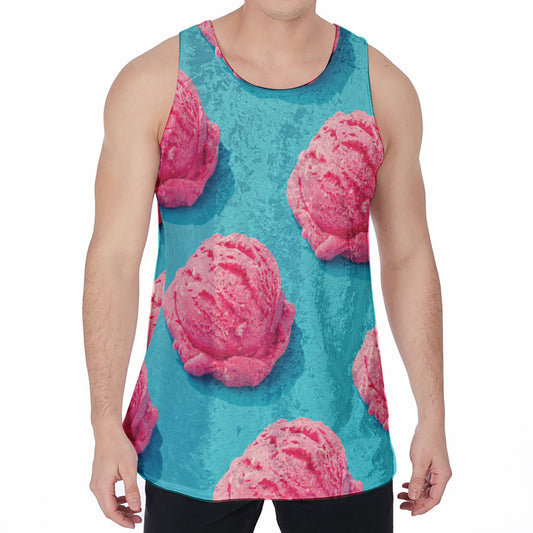 Pink Strawberry Ice Cream Print Men's Velvet Tank Top