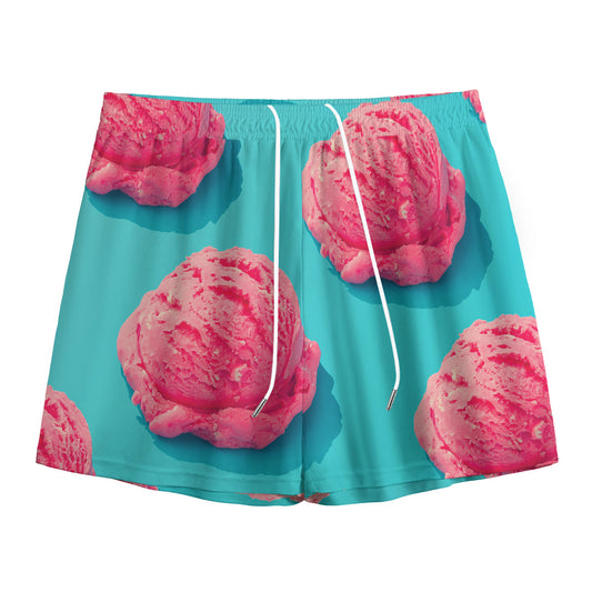 Pink Strawberry Ice Cream Print Mesh Shorts