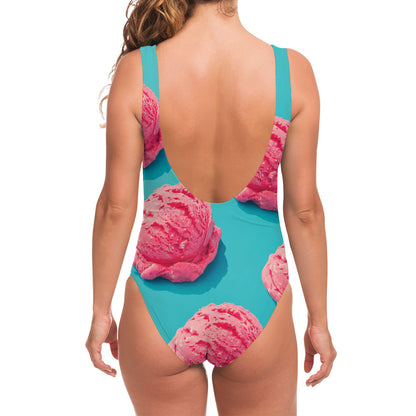 Pink Strawberry Ice Cream Print One Piece Swimsuit