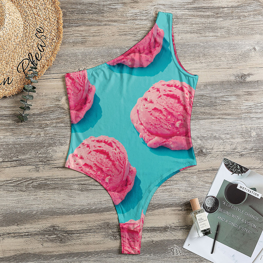 Pink Strawberry Ice Cream Print One Shoulder Bodysuit