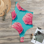 Pink Strawberry Ice Cream Print One Shoulder Bodysuit