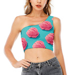 Pink Strawberry Ice Cream Print One Shoulder Crop Top
