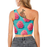 Pink Strawberry Ice Cream Print One Shoulder Crop Top