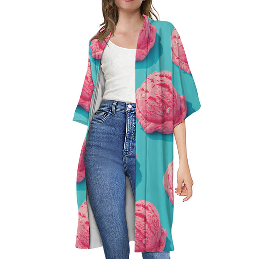 Pink Strawberry Ice Cream Print Open Front Beach Cover Up