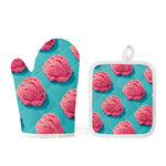 Pink Strawberry Ice Cream Print Oven Mitt And Pot Holder Set