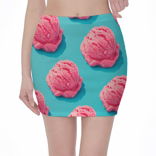Pink Strawberry Ice Cream Print Pencil Mini Skirt