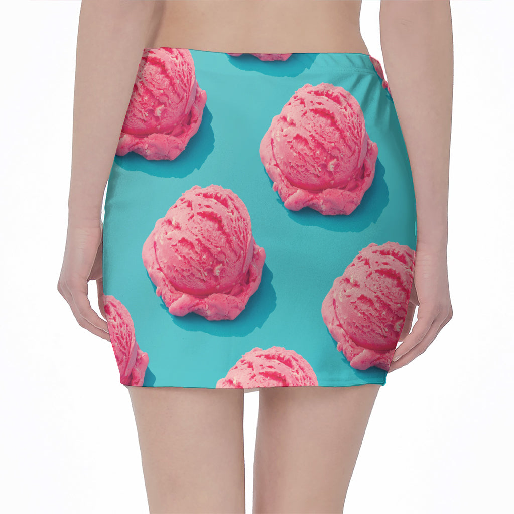 Pink Strawberry Ice Cream Print Pencil Mini Skirt