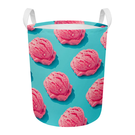 Pink Strawberry Ice Cream Print Round Laundry Basket
