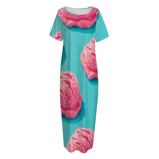 Pink Strawberry Ice Cream Print Short Sleeve Long Nightdress