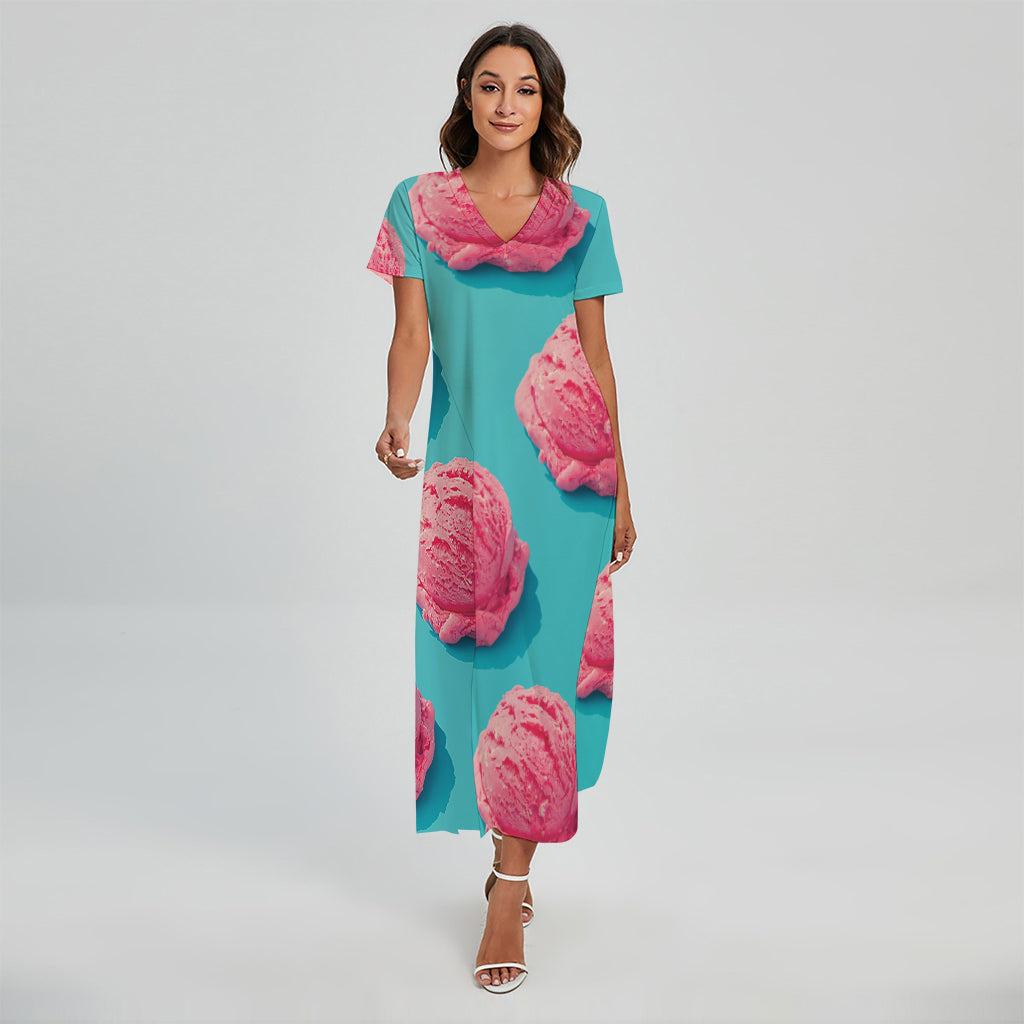 Pink Strawberry Ice Cream Print Short Sleeve Maxi Dress