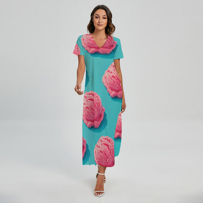 Pink Strawberry Ice Cream Print Short Sleeve Maxi Dress