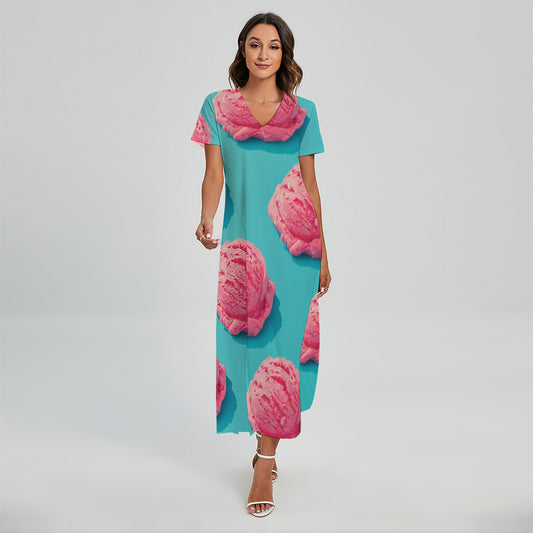 Pink Strawberry Ice Cream Print Short Sleeve Maxi Dress