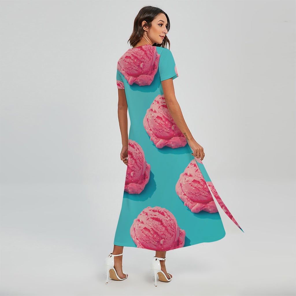 Pink Strawberry Ice Cream Print Short Sleeve Maxi Dress