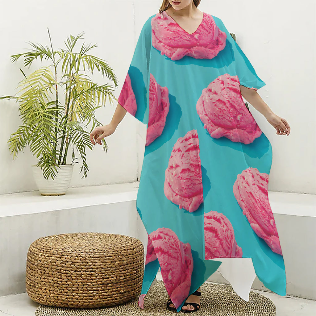Pink Strawberry Ice Cream Print Silk V-Neck Kaftan Dress