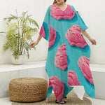 Pink Strawberry Ice Cream Print Silk V-Neck Kaftan Dress
