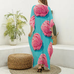 Pink Strawberry Ice Cream Print Silk V-Neck Kaftan Dress